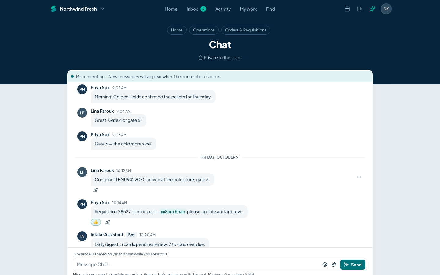 A project chat room in Sawadoo with messages from several people.