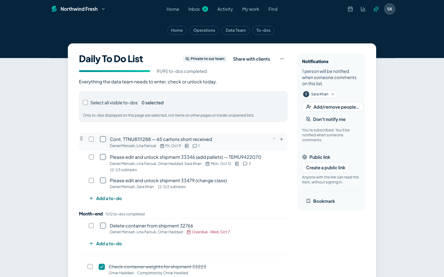 A to-do list in Sawadoo with assignees, due dates and a progress bar.